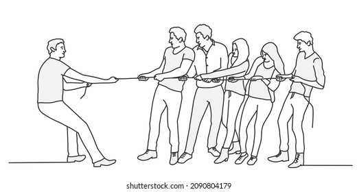 One man pulls rope against big team. Concept of business as competition. Hand drawn vector illustration. Black and white.