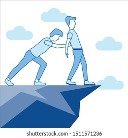 One man pushing an other man down from a cliff, sign of betrayal