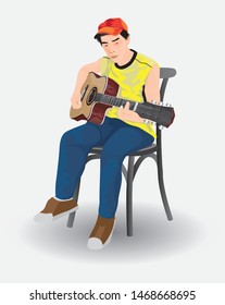 one man with red gab sit on the chair playing the guitar music,isolated vector design