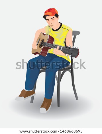 one man with red gab sit on the chair playing the guitar music,isolated vector design