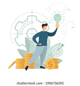 One man search for new ideas, think, thought, mind, thinking process in the loneliness, brainstorming, fantasy flight, thought process, balloon in the form of a light bulb. Vector illustration