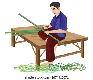 one man sit on litter work with wickerwork vector design