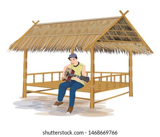one man sit on straw hut playing guitar,isolated vector design