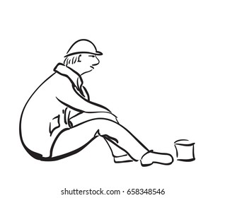 One man sitting in the street with small can for money. Isolated on white background