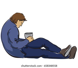One man sitting in the street with small can for money. Isolated on white background