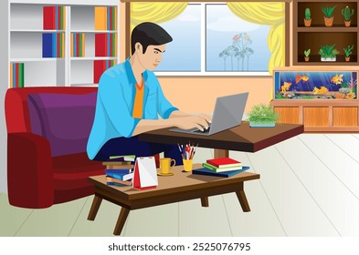 ein Mann sitzt und arbeitet von zu Hause aus Vektordesign