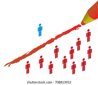 one man standing alone across the red line,  as opposed to the crowd, blue and red color concept