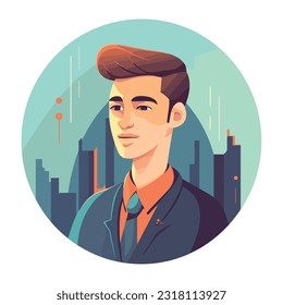 One man standing in front of skyscraper icon isolated