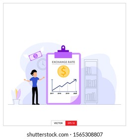 one man was surprised to see statistical data on the development of exchange rates which have increased from year to year. Vector illustration flat design style.