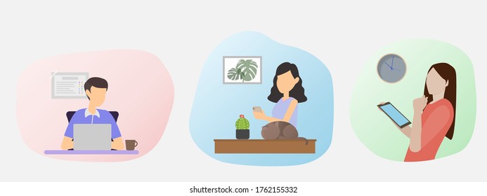 One man and two women work from home. They use laptops, mobile phones, and tablets to connect with others. In the new normal concept Vector from illustrator program.