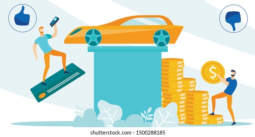 One Man Using POS Terminal For Cashless Buying Car While Other Offering Cash Gold Coins Stack Metaphor Cartoon. Easy Way To Pay. Contactless Transactions Via Card Benefits. Vector Flat Illustration