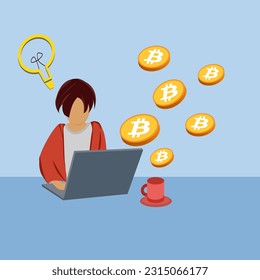 One man working from laptop, There are bitcoins or cryptocurrencies. floating in that area