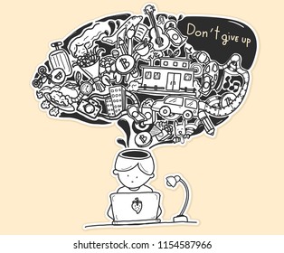 one man working and a lot of thinking,doodle style