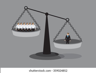 One manager on one side of weighing scale is heavier than many executives the other side. Creative vector illustration on value of employees concept isolated on grey background.