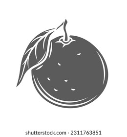 One mandarin glyph icon vector illustration. Stamp of unpeeled single tangerine with leaf on stem, ripe citrus fruit with peel, whole mandarin, clementine or orange from tropical agriculture garden