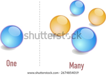 One, many marbles. Singular, plural, colored balls. Opposite english words. yellow, blue, glass spheres. symbol difference. Vector illustration	