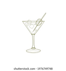 One martini glass with olive in the contour line style isolated on a white background