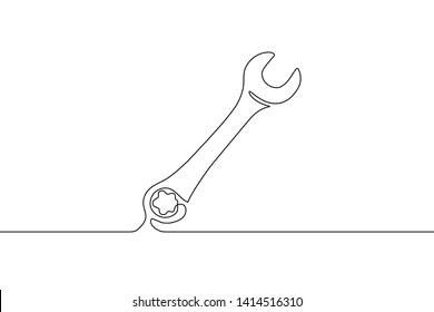 One mechanical wrench for nuts drawn in one continuous line black color isolated on white background. Style of self drawing