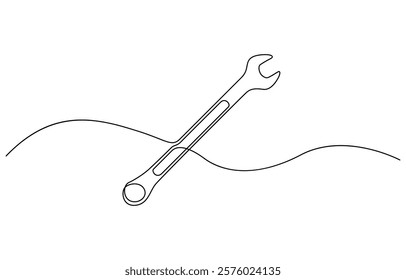 One mechanical wrench for nuts drawn in one continuous line drawing, Labor day wrench tools continuous one line drawing.