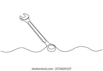 One mechanical wrench for nuts drawn in one continuous line drawing, Labor day wrench tools continuous one line drawing.