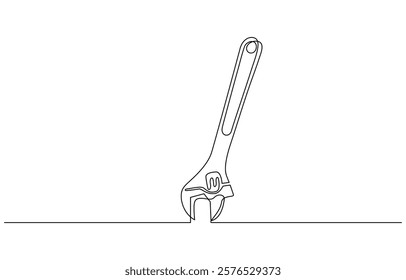 One mechanical wrench for nuts drawn in one continuous line black color isolated on white background, Wrench single line drawing vector.