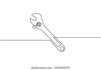 One mechanical wrench for nuts drawn in one continuous line black color isolated on white background, Wrench single line drawing vector.