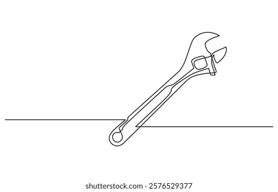 One mechanical wrench for nuts drawn in one continuous line black color isolated on white background, Wrench single line drawing vector.