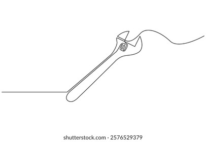 One mechanical wrench for nuts drawn in one continuous line black color isolated on white background, Wrench single line drawing vector.