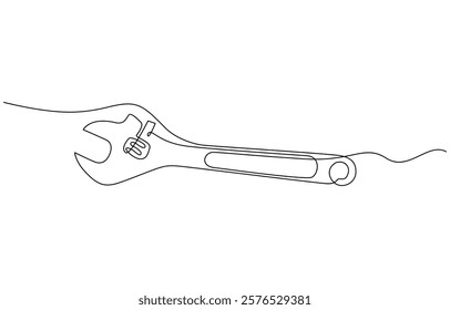 One mechanical wrench for nuts drawn in one continuous line black color isolated on white background, Wrench single line drawing vector.