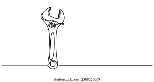 One mechanical wrench for nuts drawn in one continuous line black color isolated on white background. Style of self drawing, Adjustable wrench continuous single line drawing vector illustration, pro. 