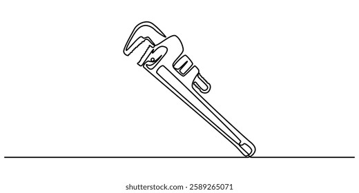 One mechanical wrench for nuts drawn in one continuous line black color isolated on white background. Style of self drawing, Adjustable wrench continuous single line drawing vector illustration, pro. 