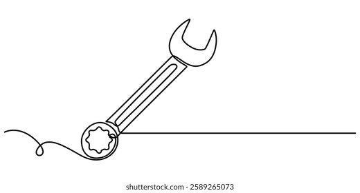 One mechanical wrench for nuts drawn in one continuous line black color isolated on white background. Style of self drawing, Adjustable wrench continuous single line drawing vector illustration, pro. 