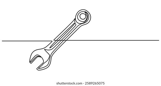 One mechanical wrench for nuts drawn in one continuous line black color isolated on white background. Style of self drawing, Adjustable wrench continuous single line drawing vector illustration, pro. 