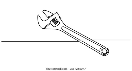 One mechanical wrench for nuts drawn in one continuous line black color isolated on white background. Style of self drawing, Adjustable wrench continuous single line drawing vector illustration, pro. 