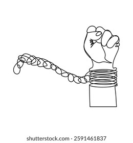 One mechanical wrench for nuts drawn in one continuous line drawing, Labor day wrench tools continuous one line drawing hand clenched into a fist infront of ribbon for Labour Day concept