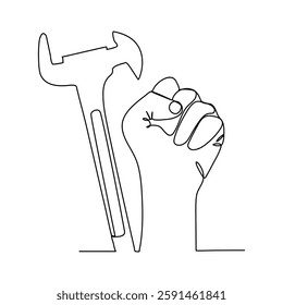 One mechanical wrench for nuts drawn in one continuous line drawing, Labor day wrench tools continuous one line drawing hand clenched into a fist infront of ribbon for Labour Day concept