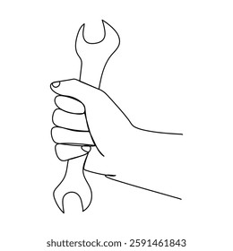 One mechanical wrench for nuts drawn in one continuous line drawing, Labor day wrench tools continuous one line drawing hand clenched into a fist infront of ribbon for Labour Day concept