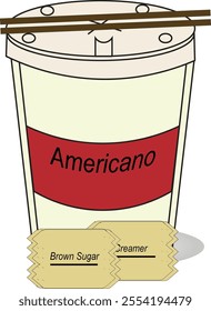 One medium-sized plastic cup of Americano coffee with two packets of brown sugar and creamer, served with a long, thin straw.