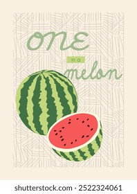 One in a melon - cute retro groovy summer fruits poster. Abstract watermelons on geometric  background design.