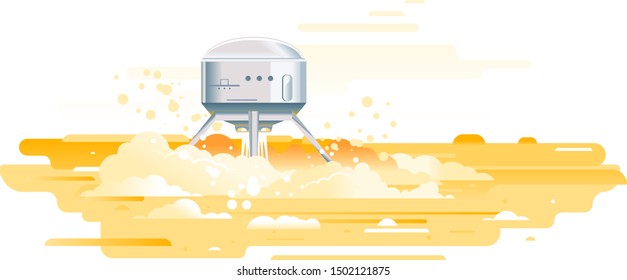 One metallic landing module touchdown on Mars planet in flat style isolated, colonization concept illustration, landing a spacecraft
