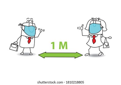 One meter is recommended with the covid 19 crisis. It is a safety distance for this two colleagues in the office. they greet each other from a distance