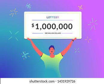 One million dollars cheque concept vector illustration of young man holds over his head big lottery certificate as a winner. Happy bright people win prizes via lottery ticket on gradient background