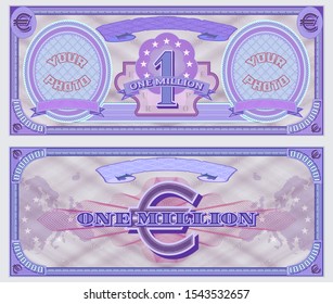 One million euros purple banknote sample with two ovals for your photos