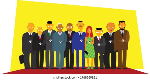 One minute before the start. The office team is waiting for the start of the working day. Vector image for illustrations.