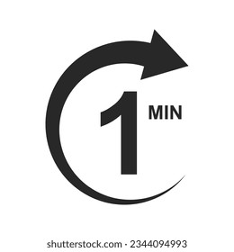 One minute icon with circle arrow. 1 min countdawn sign. Stopwatch symbol. Sport or cooking timer isolated on white background. Deadline pictogram. Vector graphic illustration