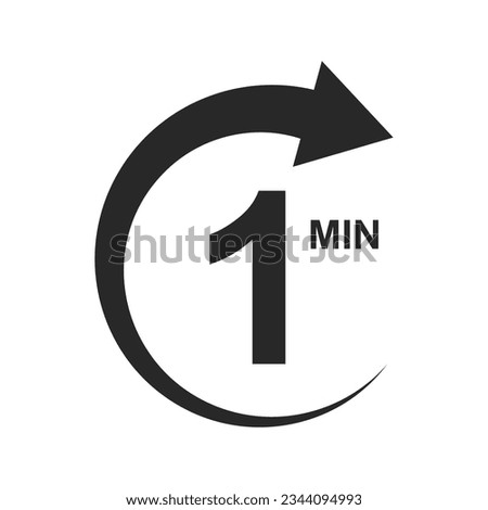 One minute icon with circle arrow. 1 min countdawn sign. Stopwatch symbol. Sport or cooking timer isolated on white background. Deadline pictogram. Vector graphic illustration