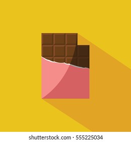 one missing bite in a bar chocolate & pink paper on yellow background