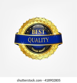 One modern, glossy label with golden stars and twigs with leaves, blue ribbon, text Best Quality, isolated on white background