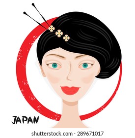 One, modern, isolated label, icon with head of beautiful, young, smiling woman with black hair with flowers, white background 