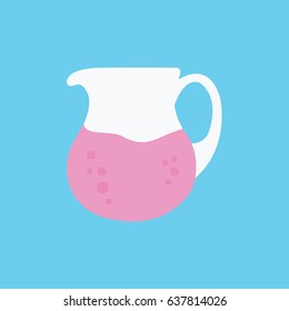 one modern simple clean pitcher Beverage or pink & purple drink cartoon like raspberry, cherries & strawberry juice symbol isolated. jug icon with blueberries flat design vector & bubbles